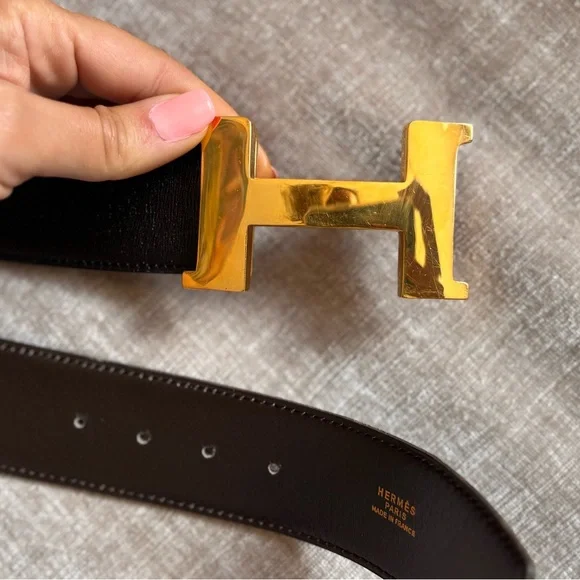 Authentic HERMES gold Constance H buckle brown black belt 85cm unisex - Picture 9 of 12